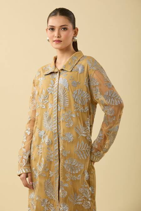Shop Dash And Dot Beige Embroidery Collared Floral Shirt Tunic Online at Aza Fashions Shop_Dash And Dot_Beige Embroidery Collared Floral Shirt Tunic _Online_at_Aza_Fashions