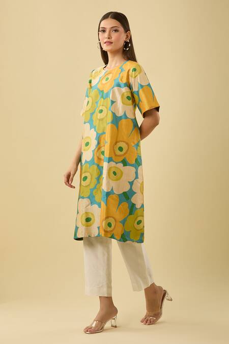 Shop Fuga Multi Color Cotton Round Neck Floral Print Kurta Set With Pant Online at Aza Fashions Shop_Fuga_Multi Color Cotton Round Neck Floral Print Kurta Set With Pant_Online_at_Aza_Fashions