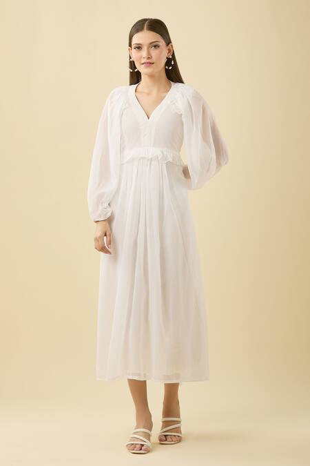 Buy Gulabo Jaipur White Pleated Ruffle Midi Dress Online at Aza Fashions Buy_Gulabo Jaipur_White Pleated Ruffle Midi Dress_Online_at_Aza_Fashions