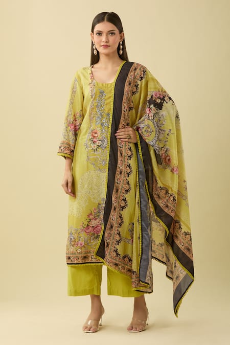Gulabo Jaipur Green Cotton Embroidery Round Neck Floral Vintage Print Kurta Set Online at Aza Fashions Gulabo Jaipur_Green Cotton Embroidery Round Neck Floral Vintage Print Kurta Set_Online_at_Aza_Fashions