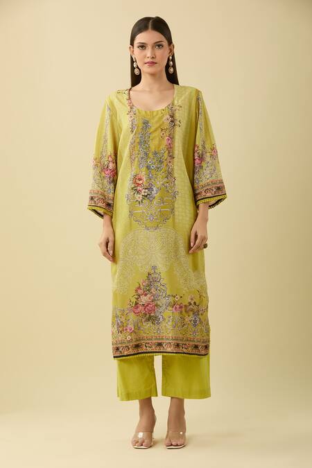 Shop Gulabo Jaipur Green Cotton Embroidery Round Neck Floral Vintage Print Kurta Set Online at Aza Fashions Shop_Gulabo Jaipur_Green Cotton Embroidery Round Neck Floral Vintage Print Kurta Set_Online_at_Aza_Fashions