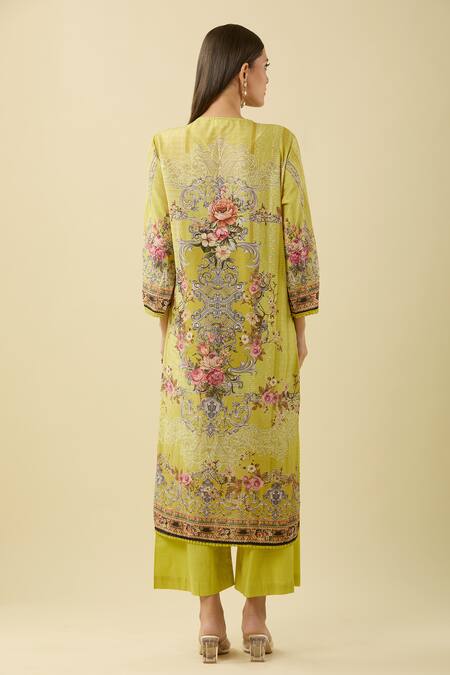 Shop Gulabo Jaipur Green Cotton Embroidery Round Neck Floral Vintage Print Kurta Set at Aza Fashions Shop_Gulabo Jaipur_Green Cotton Embroidery Round Neck Floral Vintage Print Kurta Set_at_Aza_Fashions