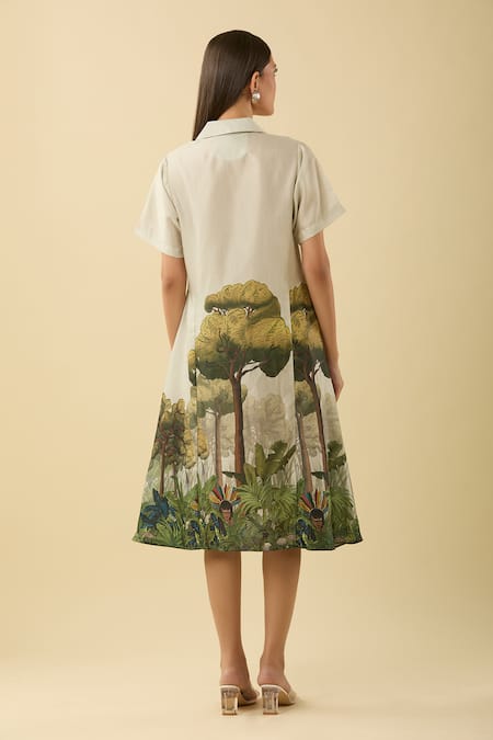 Shop House Of Fett Ivory Collared Jungle Print Midi Dress at Aza Fashions Shop_House Of Fett_Ivory Collared Jungle Print Midi Dress_at_Aza_Fashions