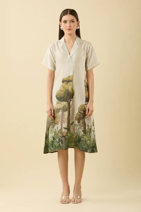 Shop House Of Fett Ivory Collared Jungle Print Midi Dress Online at Aza Fashions Shop_House Of Fett_Ivory Collared Jungle Print Midi Dress_Online_at_Aza_Fashions