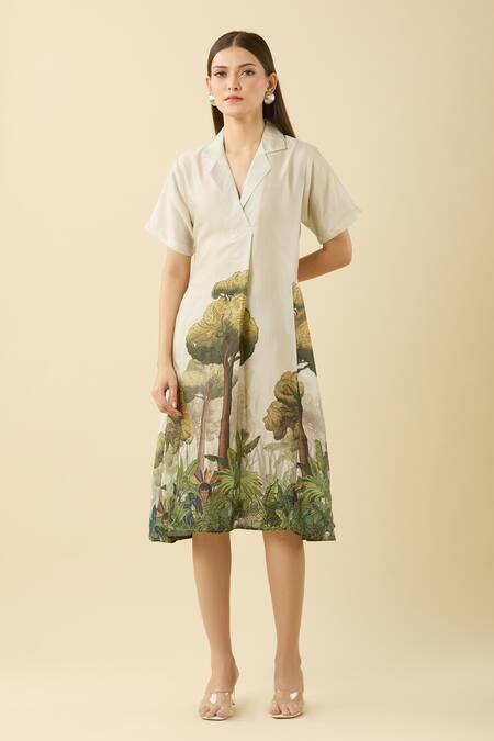 House Of Fett Ivory Collared Jungle Print Midi Dress at Aza Fashions House Of Fett_Ivory Collared Jungle Print Midi Dress_at_Aza_Fashions