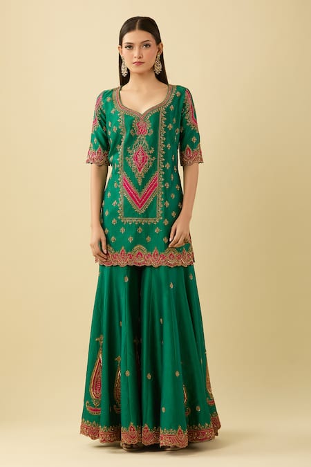 Buy_Jigar Mali_Green Cotton Sequins, Beads, Zari Polo Dori Embroidered Kurta And Sharara Set _Online_at_Aza_Fashions