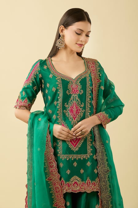 Shop_Jigar Mali_Green Cotton Sequins, Beads, Zari Polo Dori Embroidered Kurta And Sharara Set _Online_at_Aza_Fashions