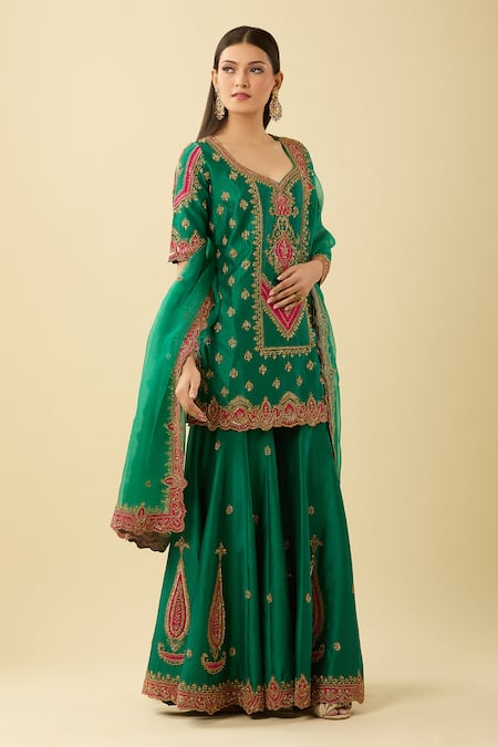 Jigar Mali_Green Cotton Sequins, Beads, Zari Polo Dori Embroidered Kurta And Sharara Set _at_Aza_Fashions