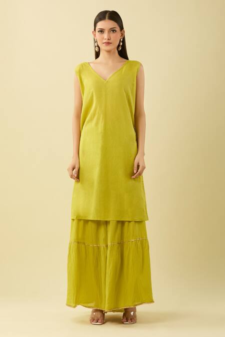 Kameez_Green Cotton, Chiffon Sequins, Zari, Gota Patti Embroidered Kurta Sharara Set_Online_at_Aza_Fashions