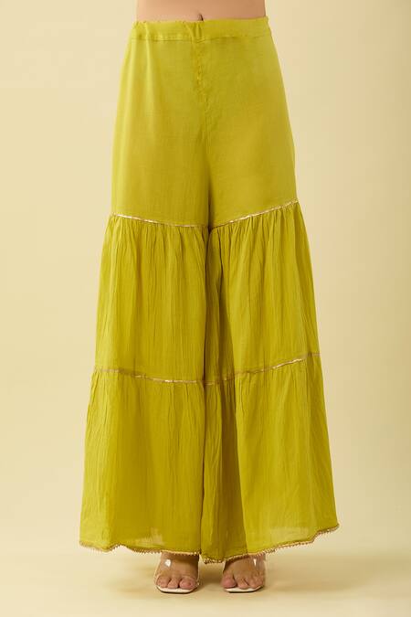 Buy_Kameez_Green Cotton, Chiffon Sequins, Zari, Gota Patti Embroidered Kurta Sharara Set_Online_at_Aza_Fashions