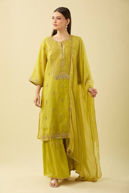 Shop_Kameez_Green Cotton, Chiffon Sequins, Zari, Gota Patti Embroidered Kurta Sharara Set_Online_at_Aza_Fashions
