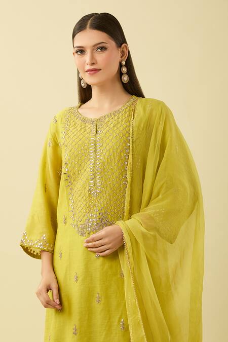 Kameez_Green Cotton, Chiffon Sequins, Zari, Gota Patti Embroidered Kurta Sharara Set_at_Aza_Fashions