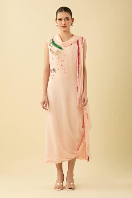 Limerick By Abirr N' Nanki_Pink Chiffon Embroidery, Sequins, Beads Floral Draped Midi Dress _Online_at_Aza_Fashions