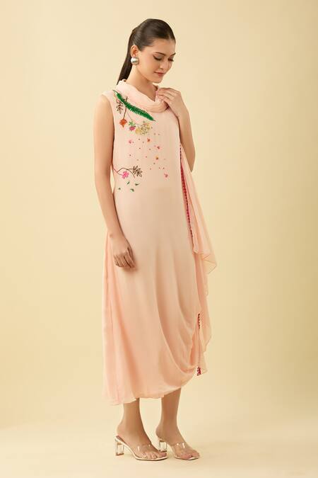 Buy_Limerick By Abirr N' Nanki_Pink Chiffon Embroidery, Sequins, Beads Floral Draped Midi Dress _Online_at_Aza_Fashions