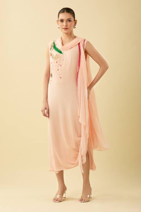 Shop_Limerick By Abirr N' Nanki_Pink Chiffon Embroidery, Sequins, Beads Floral Draped Midi Dress _Online_at_Aza_Fashions