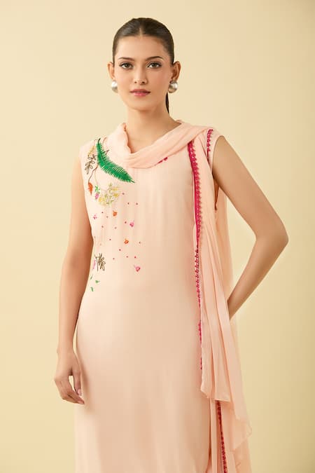Limerick By Abirr N' Nanki_Pink Chiffon Embroidery, Sequins, Beads Floral Draped Midi Dress _at_Aza_Fashions
