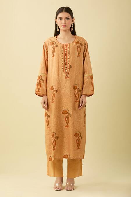 Missprint Orange Chanderi Embroidery Round Neck Floral Printed Kurta Set Online at Aza Fashions Missprint_Orange Chanderi Embroidery Round Neck Floral Printed Kurta Set_Online_at_Aza_Fashions
