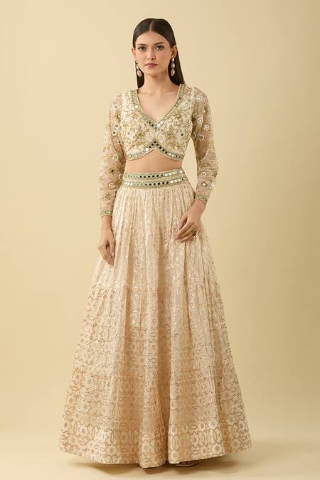Neha Khullar_Ivory Chanderi, Silk Mirrors, Geometric Embroidered Banarasi Lehenga Set_Online_at_Aza_Fashions