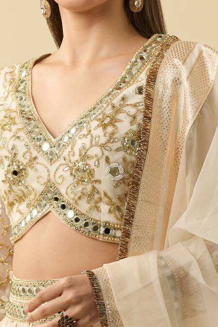 Buy_Neha Khullar_Ivory Chanderi, Silk Mirrors, Geometric Embroidered Banarasi Lehenga Set_Online_at_Aza_Fashions
