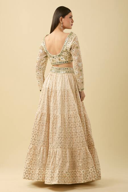 Shop_Neha Khullar_Ivory Chanderi, Silk Mirrors, Geometric Embroidered Banarasi Lehenga Set_at_Aza_Fashions