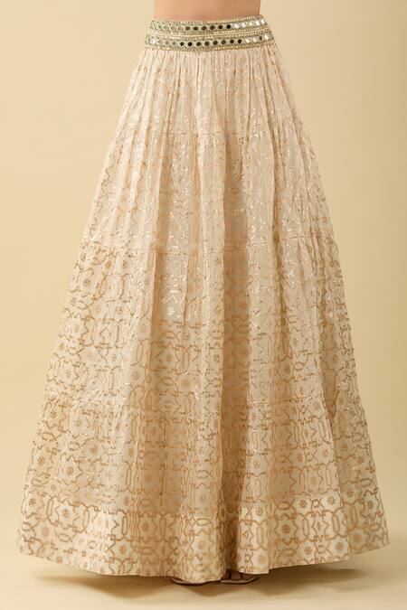 Shop_Neha Khullar_Ivory Chanderi, Silk Mirrors, Geometric Embroidered Banarasi Lehenga Set_Online_at_Aza_Fashions