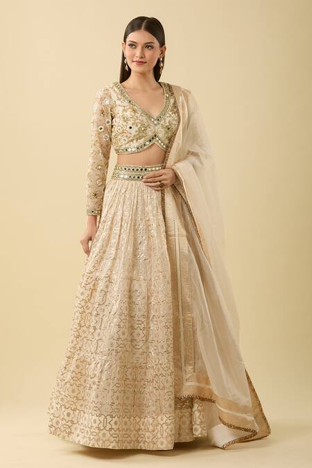 Neha Khullar_Ivory Chanderi, Silk Mirrors, Geometric Embroidered Banarasi Lehenga Set_at_Aza_Fashions