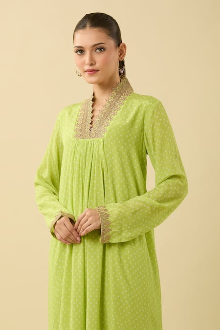 Palak & Mehak_Green Cotton Zari V-neck Bandhani Print Kurta Set_Online_at_Aza_Fashions