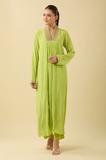 Buy_Palak & Mehak_Green Cotton Zari V-neck Bandhani Print Kurta Set_Online_at_Aza_Fashions