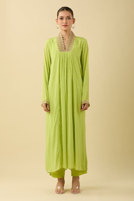 Palak & Mehak_Green Cotton Zari V-neck Bandhani Print Kurta Set_at_Aza_Fashions