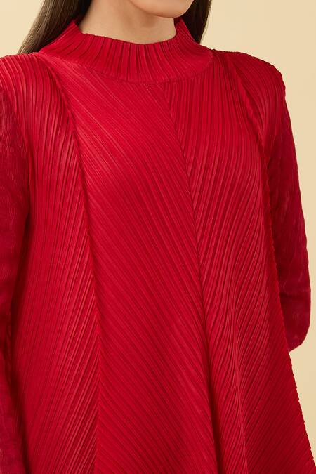 Buy Pleats By Aruni Red Polyester High Neck Pleated Asymmetric Kurta And Pant Set Online at Aza Fashions Buy_Pleats By Aruni_Red Polyester High Neck Pleated Asymmetric Kurta And Pant Set_Online_at_Aza_Fashions