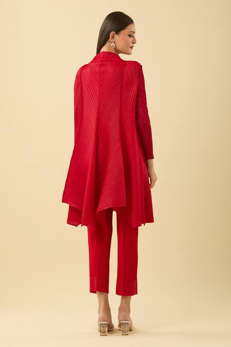 Shop Pleats By Aruni Red Polyester High Neck Pleated Asymmetric Kurta And Pant Set at Aza Fashions Shop_Pleats By Aruni_Red Polyester High Neck Pleated Asymmetric Kurta And Pant Set_at_Aza_Fashions