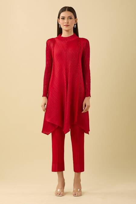 Shop Pleats By Aruni Red Polyester High Neck Pleated Asymmetric Kurta And Pant Set Online at Aza Fashions Shop_Pleats By Aruni_Red Polyester High Neck Pleated Asymmetric Kurta And Pant Set_Online_at_Aza_Fashions