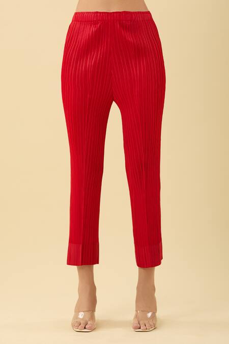 Pleats By Aruni Red Polyester High Neck Pleated Asymmetric Kurta And Pant Set at Aza Fashions Pleats By Aruni_Red Polyester High Neck Pleated Asymmetric Kurta And Pant Set_at_Aza_Fashions