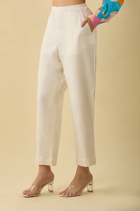 Shop_Pleats By Aruni_White Chanderi Straight Fit Pant_at_Aza_Fashions