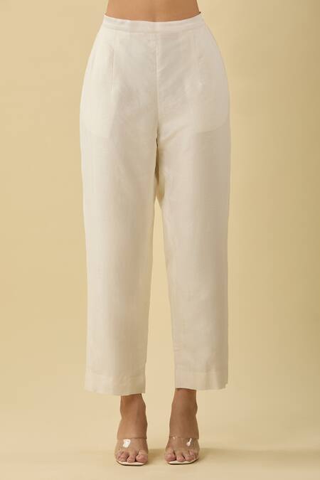 Pleats By Aruni_White Chanderi Straight Fit Pant_at_Aza_Fashions