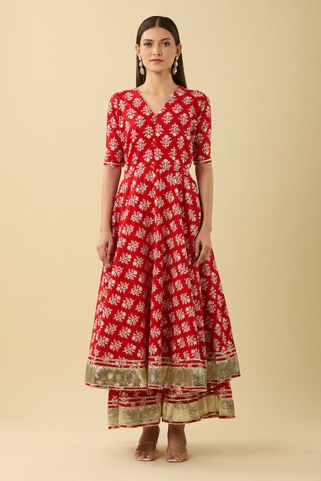Pomcha Jaipur Red Cotton, Net Embroidery, Gota Patti Floral Print Anarkali Set With Palazzo Online at Aza Fashions Pomcha Jaipur_Red Cotton, Net Embroidery, Gota Patti Floral Print Anarkali Set With Palazzo _Online_at_Aza_Fashions