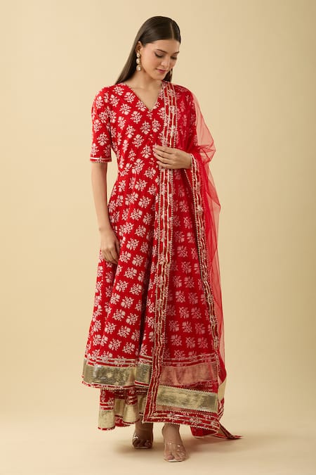 Shop Pomcha Jaipur Red Cotton, Net Embroidery, Gota Patti Floral Print Anarkali Set With Palazzo Online at Aza Fashions Shop_Pomcha Jaipur_Red Cotton, Net Embroidery, Gota Patti Floral Print Anarkali Set With Palazzo _Online_at_Aza_Fashions