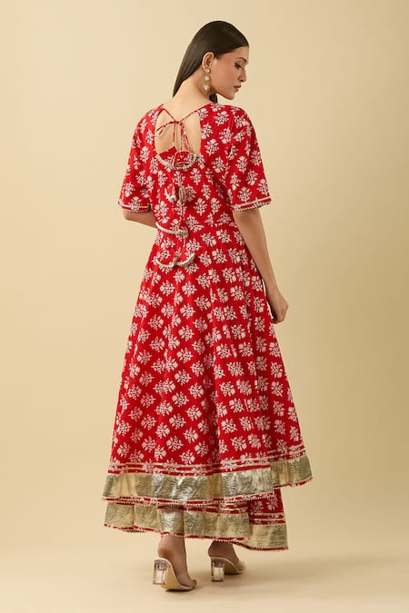 Shop Pomcha Jaipur Red Cotton, Net Embroidery, Gota Patti Floral Print Anarkali Set With Palazzo at Aza Fashions Shop_Pomcha Jaipur_Red Cotton, Net Embroidery, Gota Patti Floral Print Anarkali Set With Palazzo _at_Aza_Fashions