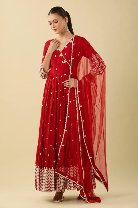 Preevin_Red Chiffon Embroidery, Beads V-neck Leaf Angarkha Kurta Set_Online_at_Aza_Fashions