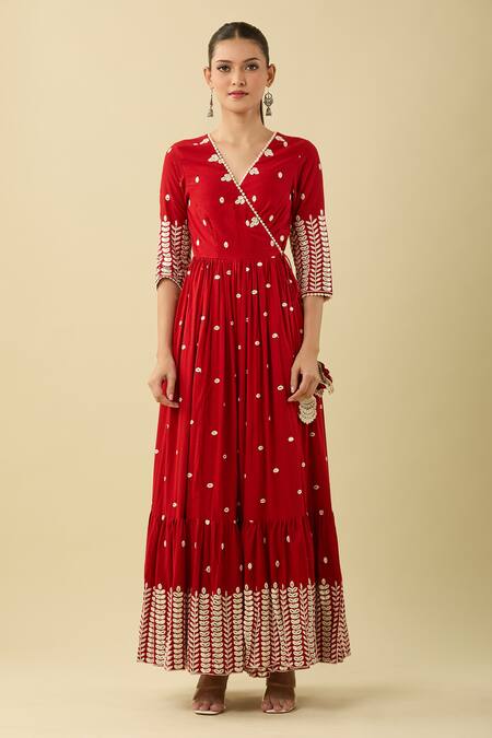 Buy_Preevin_Red Chiffon Embroidery, Beads V-neck Leaf Angarkha Kurta Set_Online_at_Aza_Fashions