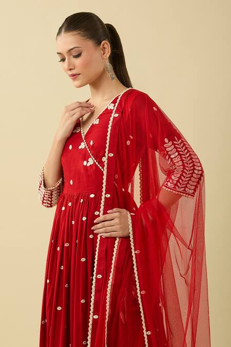 Shop_Preevin_Red Chiffon Embroidery, Beads V-neck Leaf Angarkha Kurta Set_Online_at_Aza_Fashions