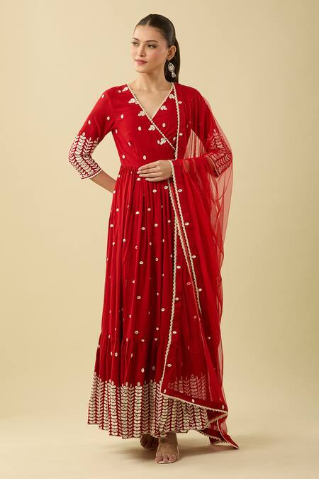 Preevin_Red Chiffon Embroidery, Beads V-neck Leaf Angarkha Kurta Set_at_Aza_Fashions