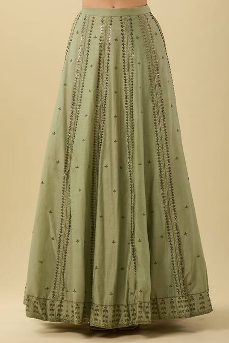 Rashi Jain Green Chanderi Sequins, Embroidery Round Neck Lehenga Set Online at Aza Fashions Rashi Jain_Green Chanderi Sequins, Embroidery Round Neck Lehenga Set_Online_at_Aza_Fashions