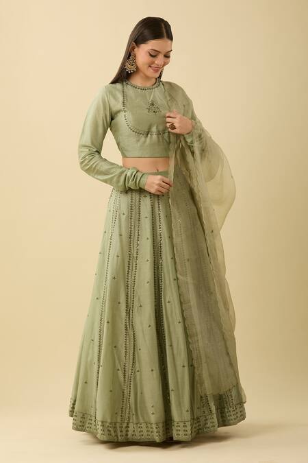 Buy Rashi Jain Green Chanderi Sequins, Embroidery Round Neck Lehenga Set Online at Aza Fashions Buy_Rashi Jain_Green Chanderi Sequins, Embroidery Round Neck Lehenga Set_Online_at_Aza_Fashions