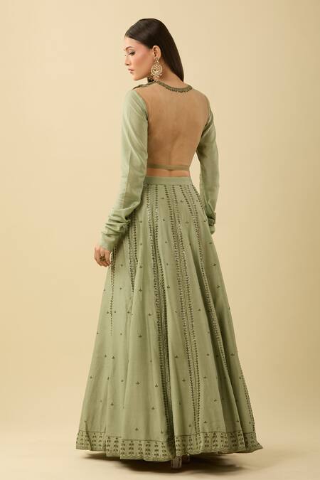 Shop Rashi Jain Green Chanderi Sequins, Embroidery Round Neck Lehenga Set at Aza Fashions Shop_Rashi Jain_Green Chanderi Sequins, Embroidery Round Neck Lehenga Set_at_Aza_Fashions
