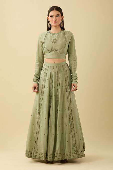 Rashi Jain Green Chanderi Sequins, Embroidery Round Neck Lehenga Set at Aza Fashions Rashi Jain_Green Chanderi Sequins, Embroidery Round Neck Lehenga Set_at_Aza_Fashions
