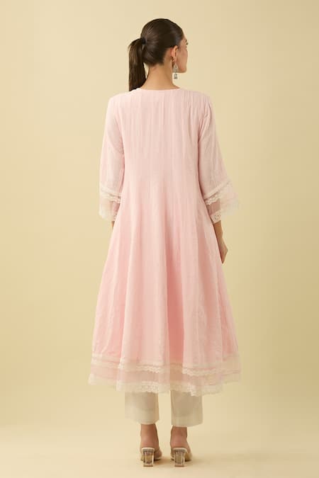 Shop_Roze_Pink Lace Scoop Neck Embellished Angarkha Kurta _at_Aza_Fashions