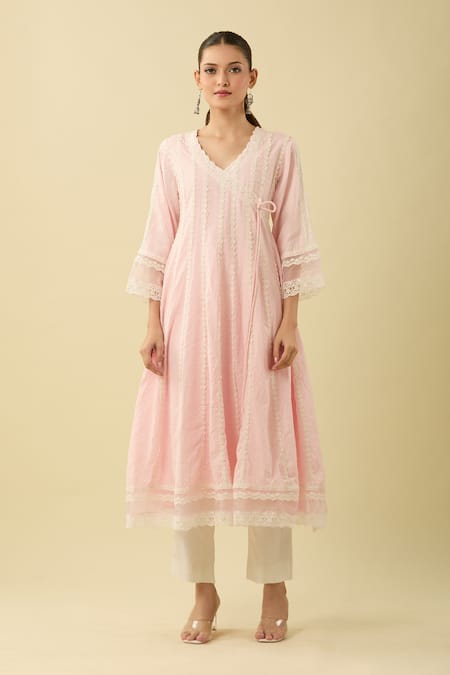 Buy_Roze_Pink Lace Scoop Neck Embellished Angarkha Kurta _Online_at_Aza_Fashions