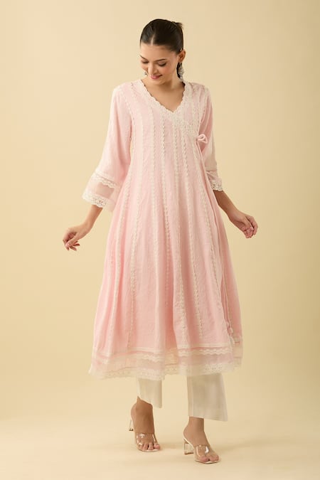 Shop_Roze_Pink Lace Scoop Neck Embellished Angarkha Kurta _Online_at_Aza_Fashions