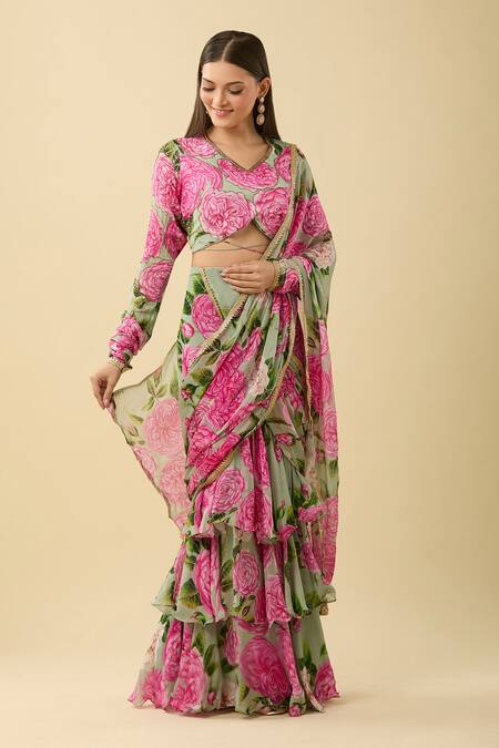 Sanam Green Chiffon Zari Floral Bloom Print Ruffle Pre-draped Saree Online at Aza Fashions Sanam_Green Chiffon Zari Floral Bloom Print Ruffle Pre-draped Saree_Online_at_Aza_Fashions